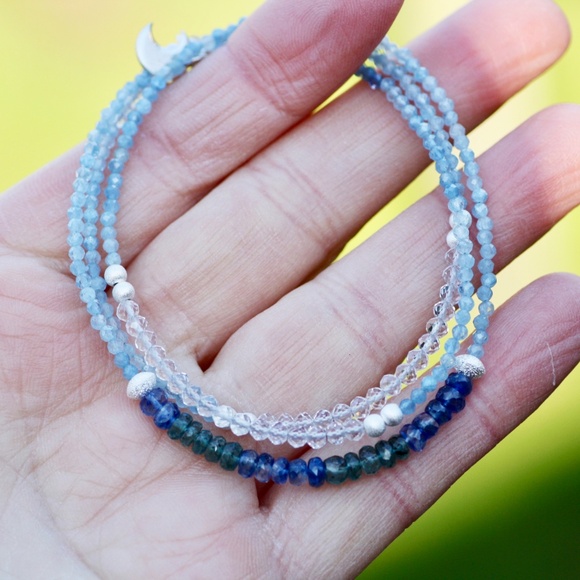 Natural Kyanite, Aquamarine Wrap Bracelet Convertible Necklace Sterling Silver - Picture 14 of 14